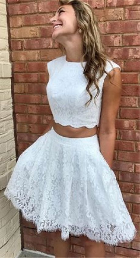 Two Piece Crew Above-Knee White Lace Homecoming Dress with Pockets cg1464