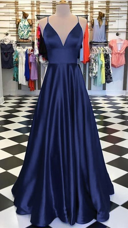 A-Line Long Satin V-Neck Prom Dresses Formal Evening Gowns   cg14645