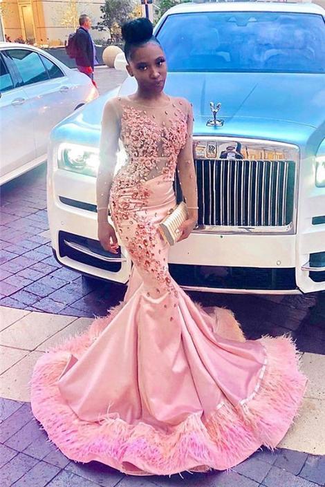 Black Girl Prom Dress Sheer Tulle Pink Mermaid Prom Dresses with Feather | Crystals Appliques Sexy Evening Gowns with Sleeves   cg14652