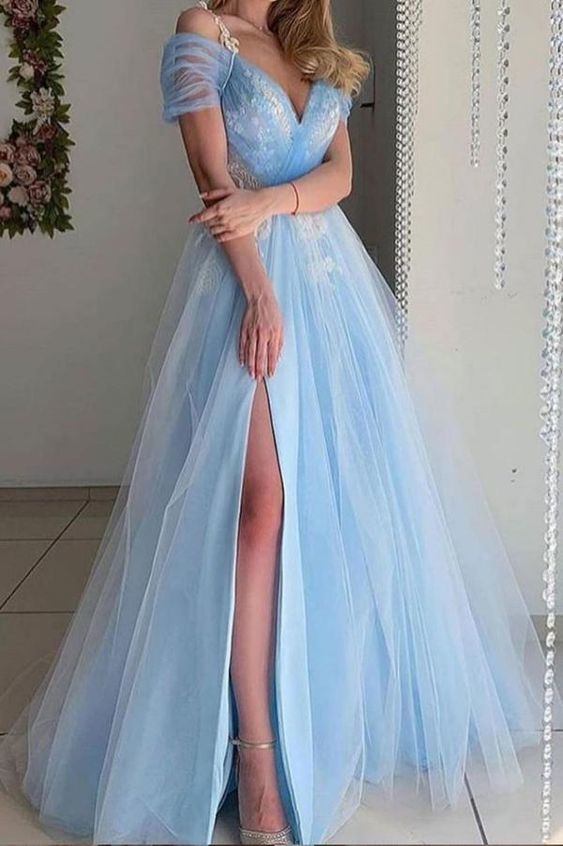 Blue v neck tulle long prom dress blue tulle formal dress   cg14668