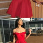 Simple A-Line Off Shoulder Red Satin Cheap Homecoming Dresses cg1469