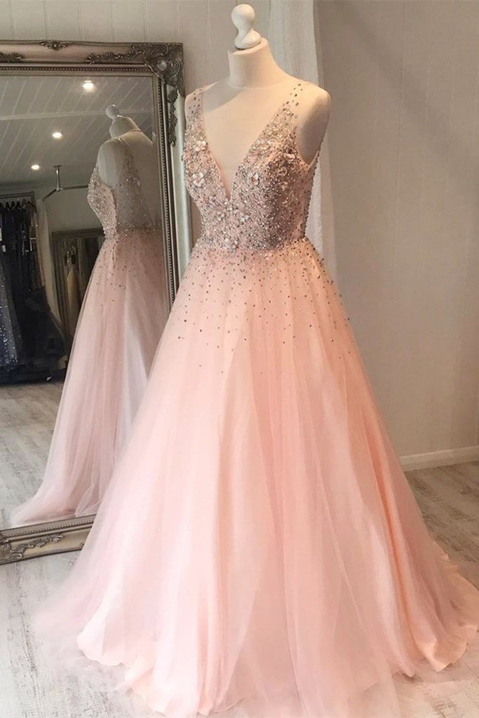 A Line V Neck Sequins Pink Long Prom Dress, Pink Formal Graduation Evening Dress   cg14699