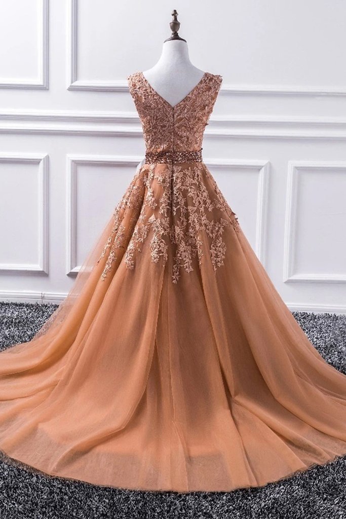 Gorgeous V Neck Champagne Lace Long Prom Dress, Champagne Lace Formal Graduation Evening Dress   cg14702