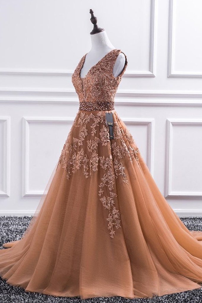 Gorgeous V Neck Champagne Lace Long Prom Dress, Champagne Lace Formal Graduation Evening Dress   cg14702