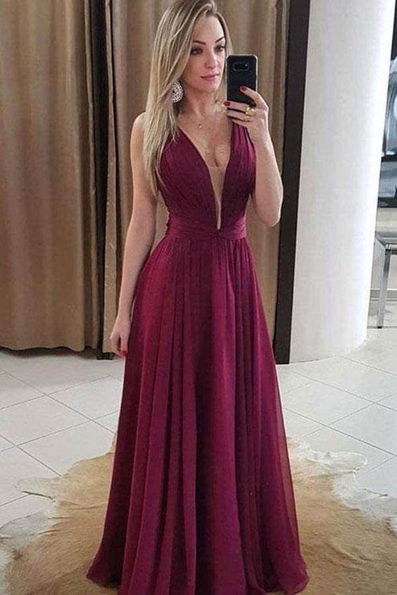 A Line Sexy V Neck Chiffon Prom Dress with Pleats Floor Length   cg14759