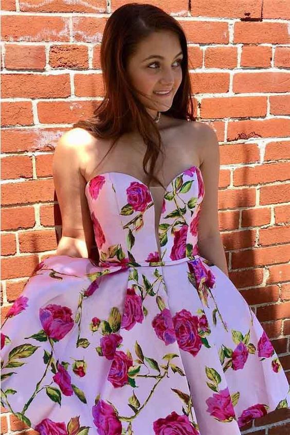 A-line Princess Sweetheart Short Pink Floral Homecoming Dress  cg1476