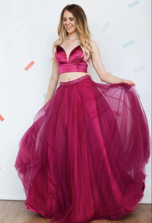 RED V NECK TWO PIECES LONG PROM DRESS TULLE FORMAL DRESS   cg14768