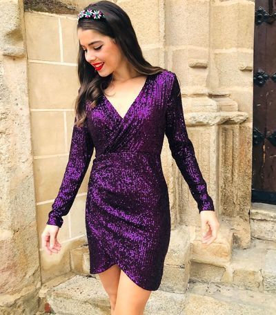 Purple Sequins Short Cocktail Dress Long Sleeves V Neck Sparkly Prom Party Gowns   cg14777