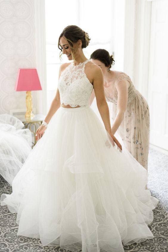 Romantic Halter Lace Crop Top Tull Skirt 2 Piece Prom Dress    cg14780