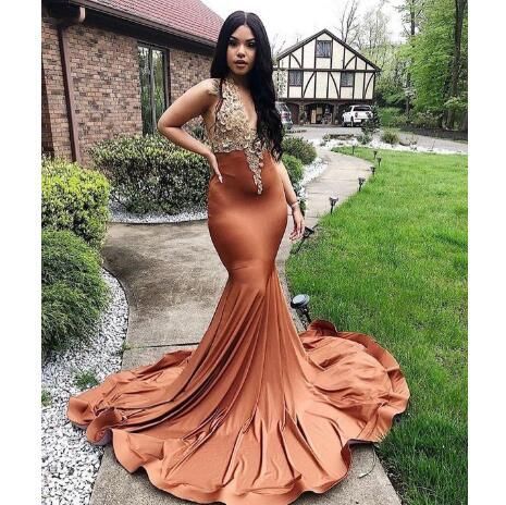 Mermaid Prom Dresses Sexy Deep V Neck Gold Appliques Cap Sleeve Evening Party Gowns Black   cg14796