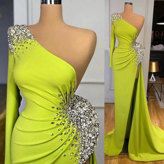 One Shoulder Mermaid Prom Dresses 2021 Arabic Glitter Beaded Side Split Evening Gowns Satin Custom Women Formal Dress   cg14812