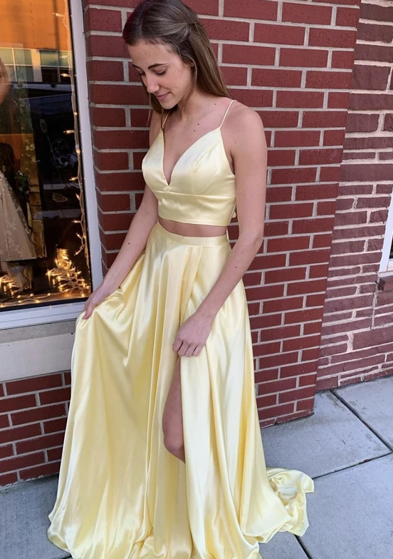 Yellow satin long prom dress two pieces evening dress   cg14827