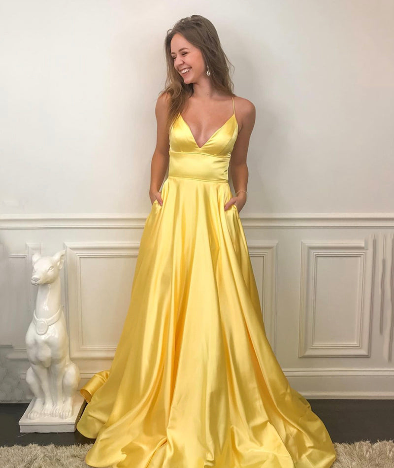 YELLOW V NECK SATIN LONG PROM DRESS SIMPLE EVENING DRESS   cg14829