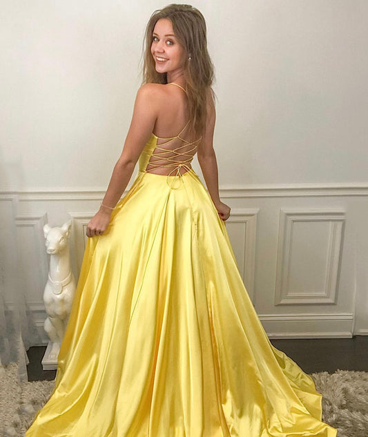 YELLOW V NECK SATIN LONG PROM DRESS SIMPLE EVENING DRESS   cg14829