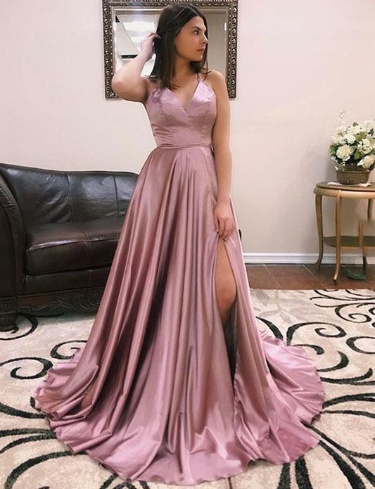 Simple A Line Spaghetti Straps Prom Dresses Long Split Front   cg14842