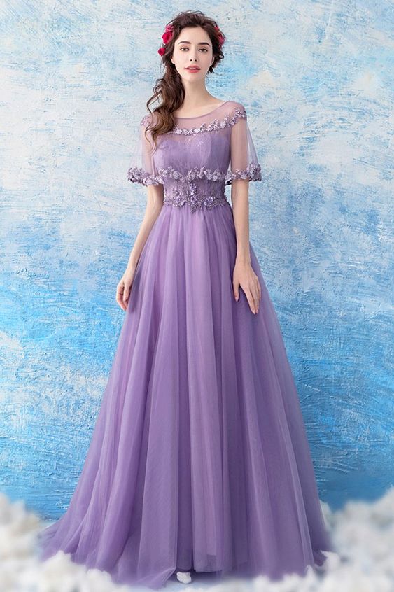 Elegant Purple Long Tulle Prom Formal Dress With Beaded Cape   cg14845