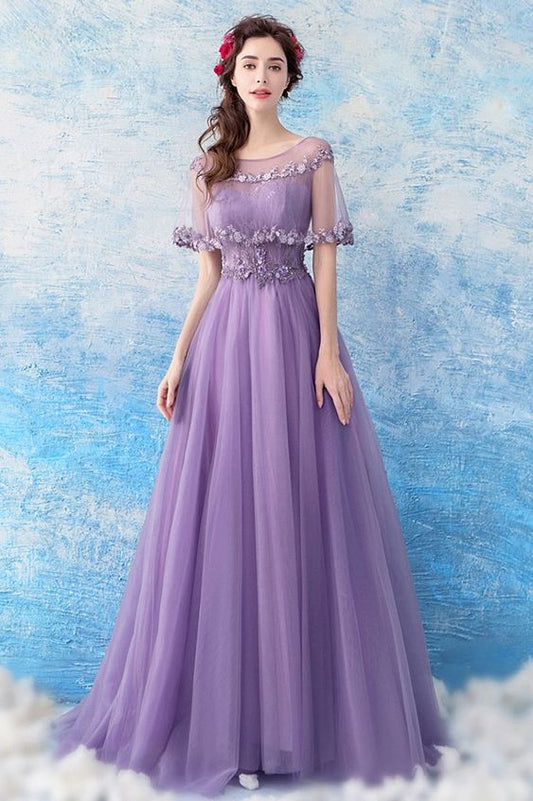 Elegant Purple Long Tulle Prom Formal Dress With Beaded Cape   cg14845