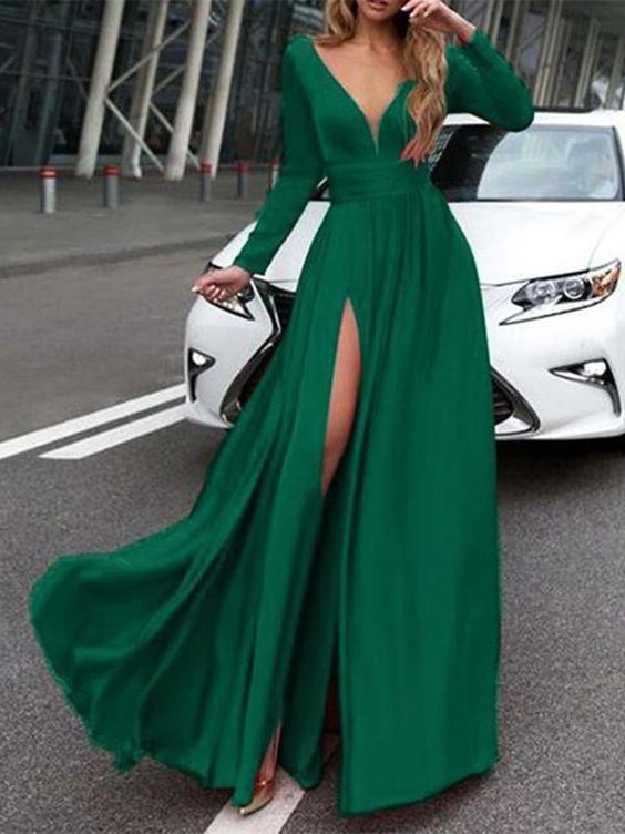Custom Made A Line V Neck Green Prom Dresses, Long Sleeves Formal Dresses   cg14847