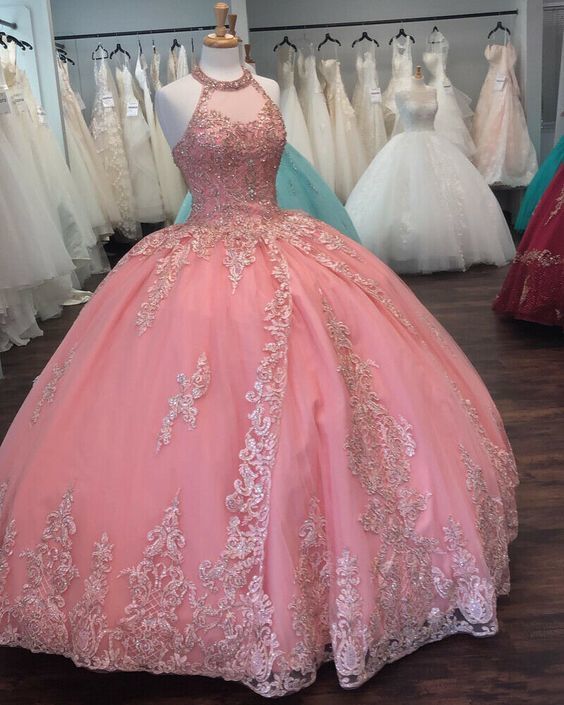 Pink Halter Ball Gown Dress With Lace ,prom dresses   cg14878