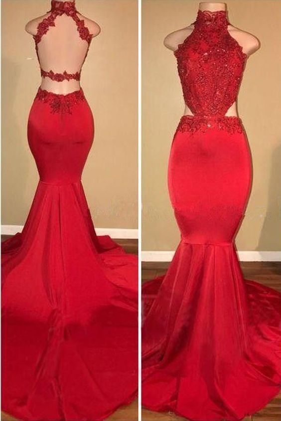 Red Lace Mermaid Halter Long Prom Dress, Formal Dress, Party Dress   cg14885