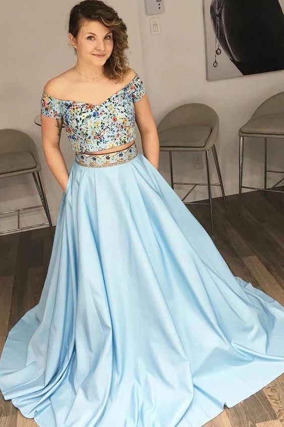 Two Piece Light Sky Blue Floral Embroidery Prom Dress   cg14896
