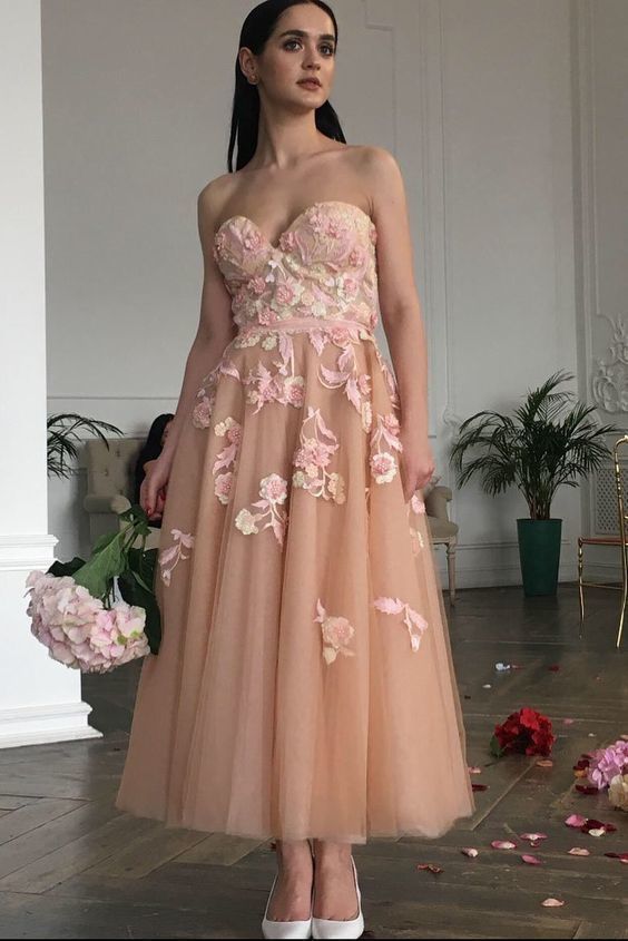 sweetheart peach ankle length dress with flowers Prom Dress   cg14897