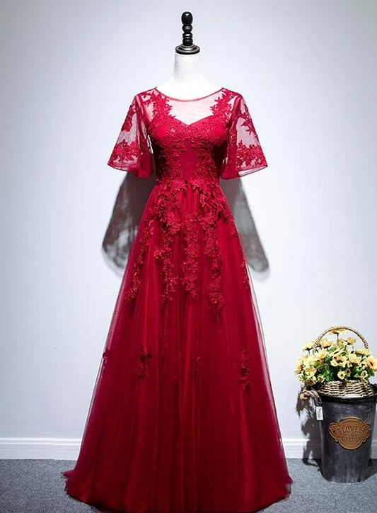 Beautiful Red Short Sleeves Tulle Prom Dress, Red Long Evening Gown   cg14912