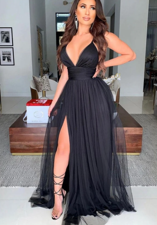 SIMPLE BLACK V NECK TULLE LONG PROM DRESS BLACK FORMAL DRESS   cg14914