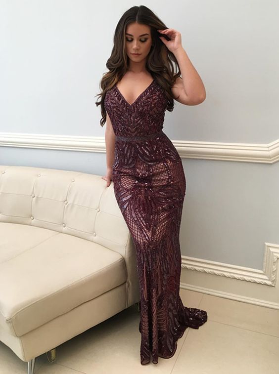 Mermaid V-Neck Floor-Length Grape Lace Prom Dress With Beading   cg14917