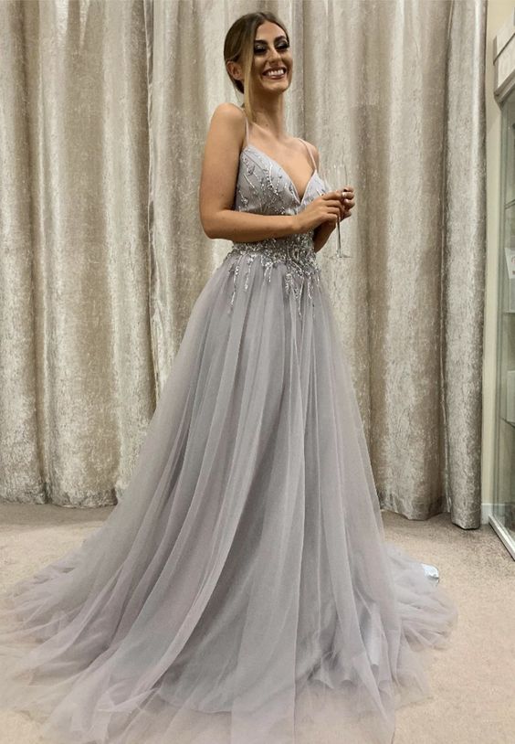 Gray tulle beads long prom dress party dress   cg14938