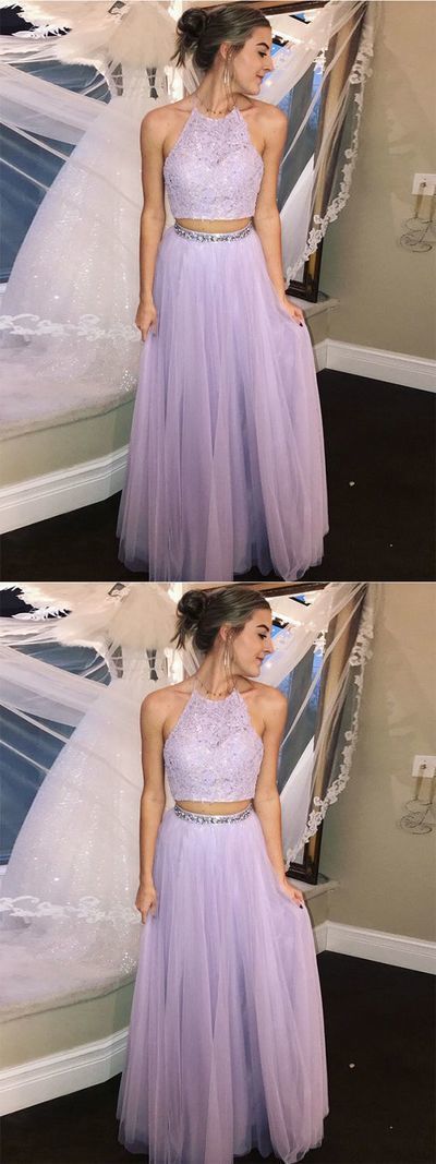 Two piece prom dress, halter long prom dress, modest tulle prom dress, simple prom dress  cg1496