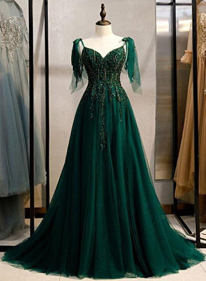 Elegant V-Neckline Straps Tulle Long Junior Prom Dress, Green Prom Dress 2021   cg14974