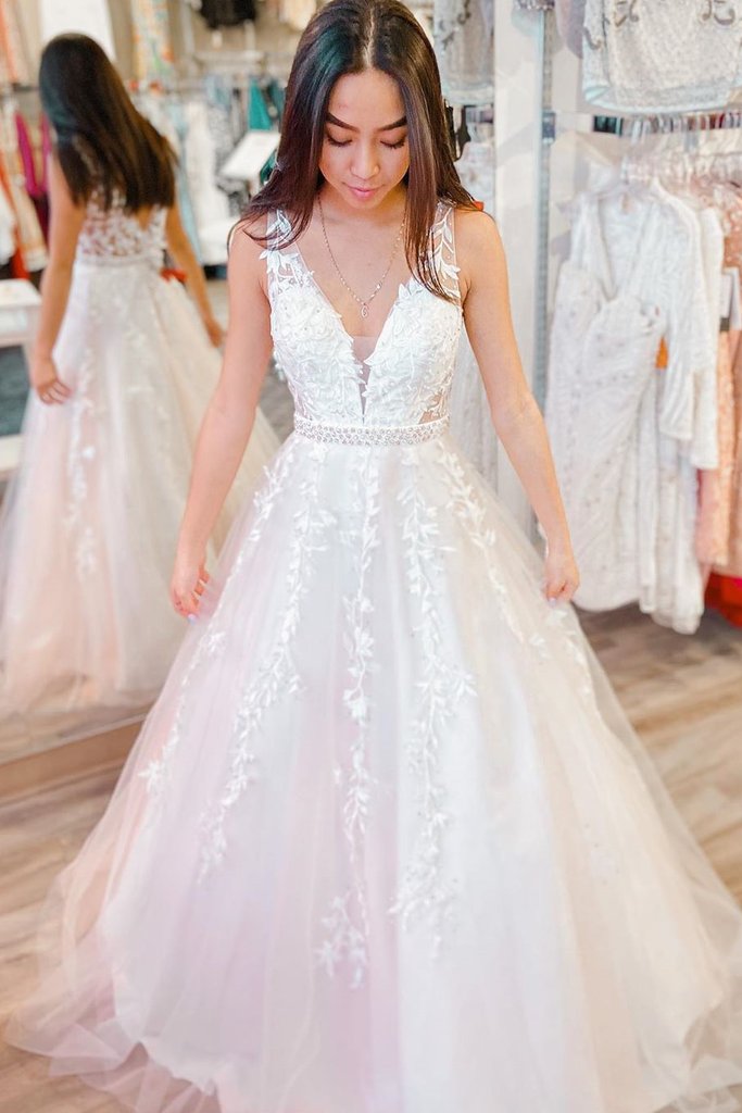 A Line V Neck White Lace Wedding Dress with Belt, White Lace Long Formal Prom Dress   cg14980