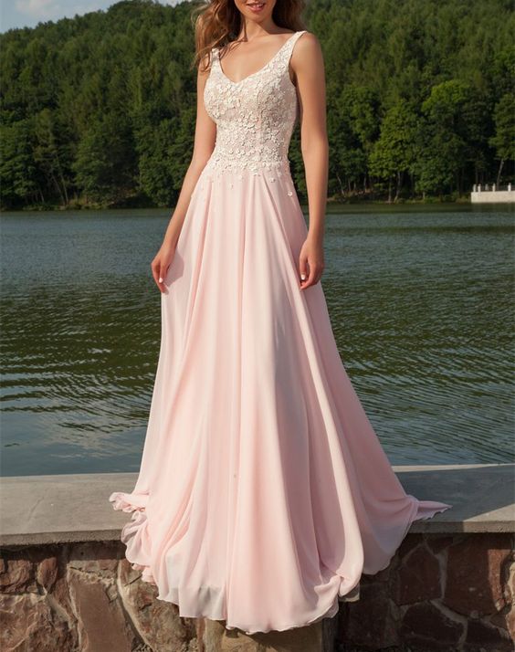 Newest V-Neck Appliques Long Sleeveless Prom Dresses,Chiffon Light Pink Party Dresses   cg14985