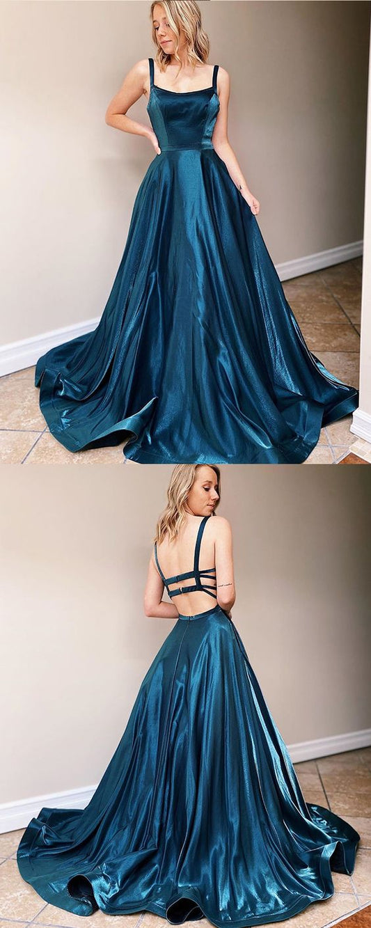 Simple Teal Green Satin Square Satin Prom Dress   cg14990