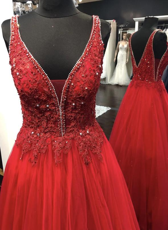Red v neck tulle lace long prom dress evening dress   cg14992
