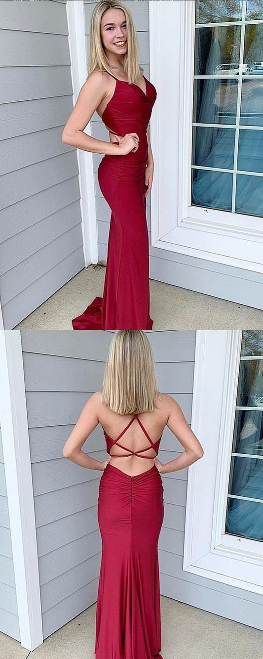 Simple Burgundy Spaghetti Straps Satin Mermaid Prom Dress   cg15015