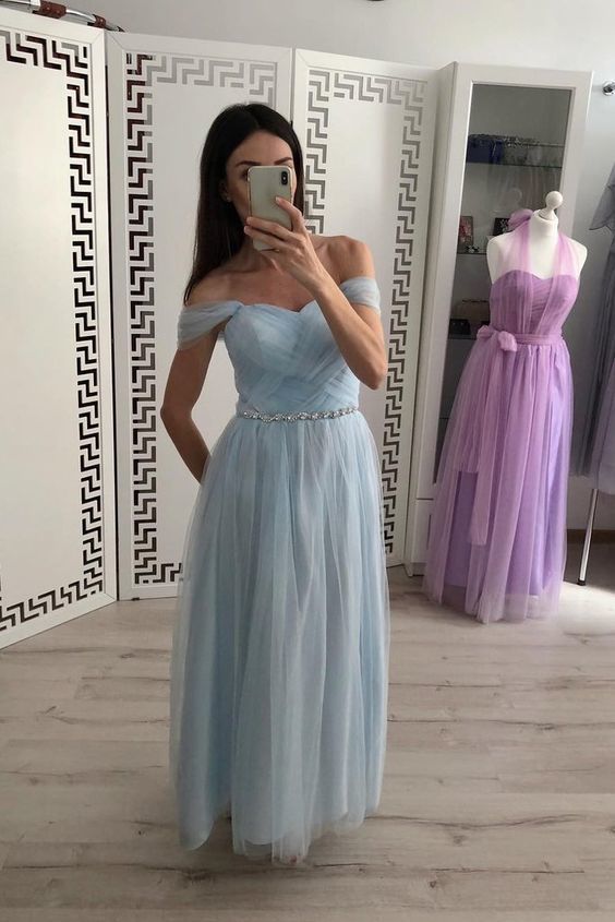A Line Tulle Off the Shoulder Light Blue Cheap Prom Dresses    cg15021