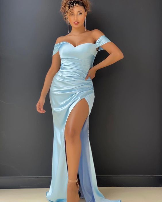 Light Blue Satin Off the Shoulder Prom Dress with Side Slit    cg15027