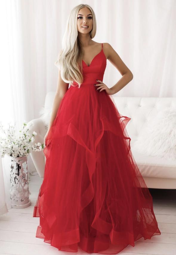 Red v neck tulle long prom dress red evening dress   cg15033