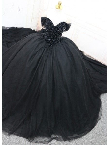 Black Gothic Beading Off-the-Shoulder Ball Gown Wedding Dress prom dresses   cg15066