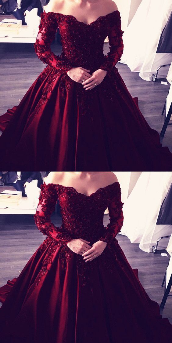 Burgundy Satin with Lace Applique Ball Gown Party Dress,Wine Red Prom Dress   cg15078