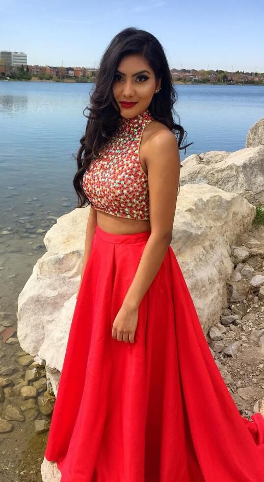 Two-piece Beads Prom Dress,Cheap Prom Dress,Sexy Prom Dress,High-neck Red Prom Dress   cg15112