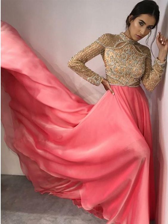 Fancy High Neck Long Sleeves Pink Evening Prom Dresses with Beading   cg15116