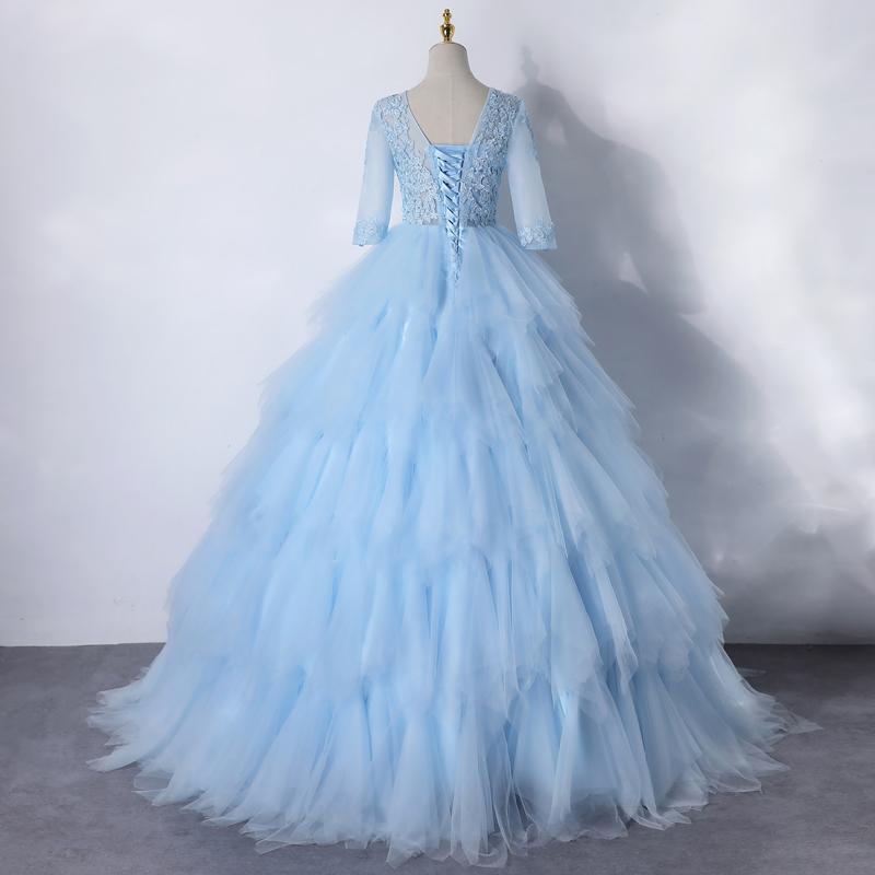 Light Blue Layers Tulle With Lace Princess Gown, Short Sleeves Ball Gown Sweet 16 prom Dress   cg15122