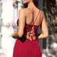 Burgundy v neck chiffon lace long prom dress burgundy evening dress   cg15123