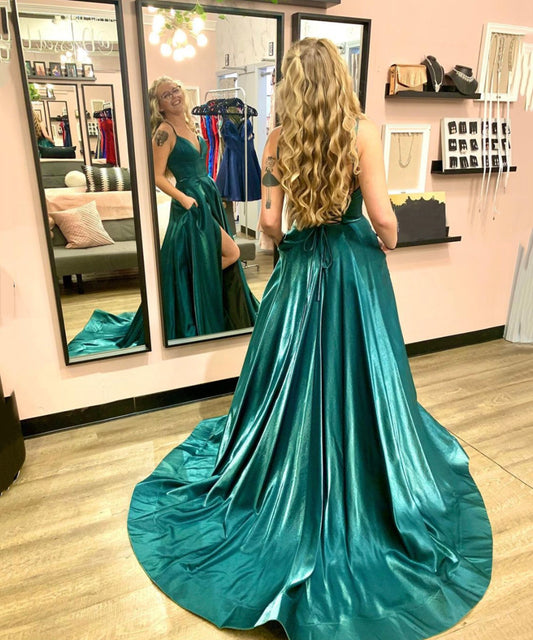 GREEN SATIN LONG PROM DRESS SIMPLE EVENING DRESS   cg15125