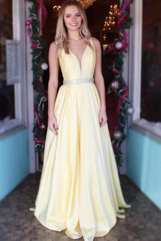 Daffodil Satin A Line V Neck Beaded Prom Dresses Formal Evening Dress    cg15156