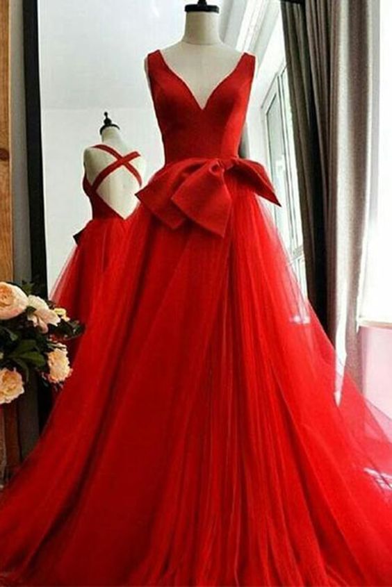 Simple Red Satin Tulle V Neck Cross Back Long Senior Prom Dress    cg15166