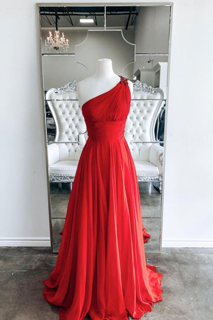 Red one shoulder long prom dress red evening dress   cg15185